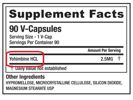 ingredients panel illustrating yohimbe hydrochloride