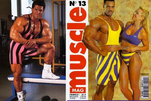 bodybuilders from the 1990s wearing one piece striped jump suits