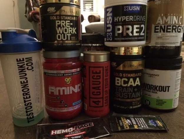 collection of pre workout supplements 