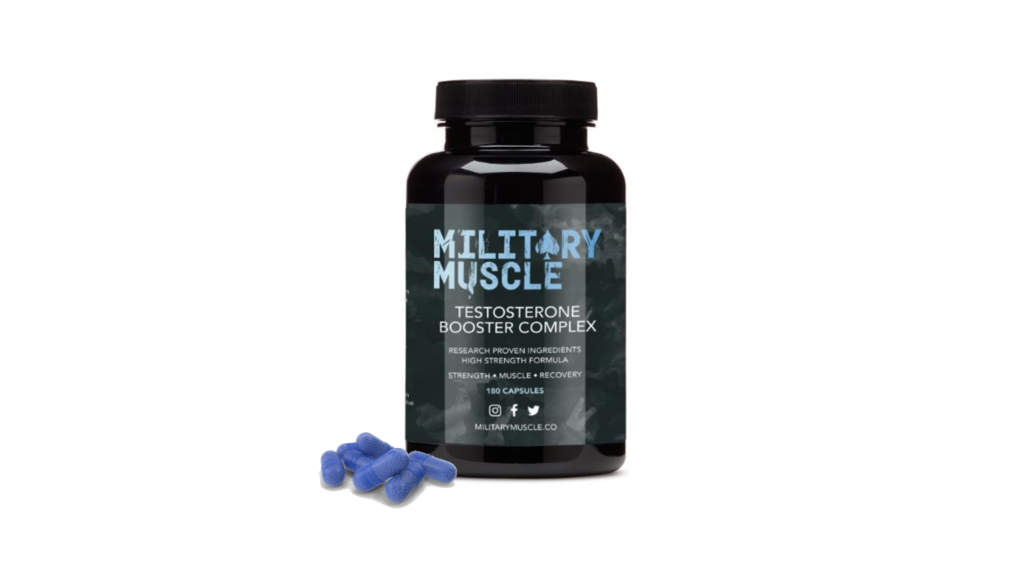 military muscle testosterone booster bottle and pills